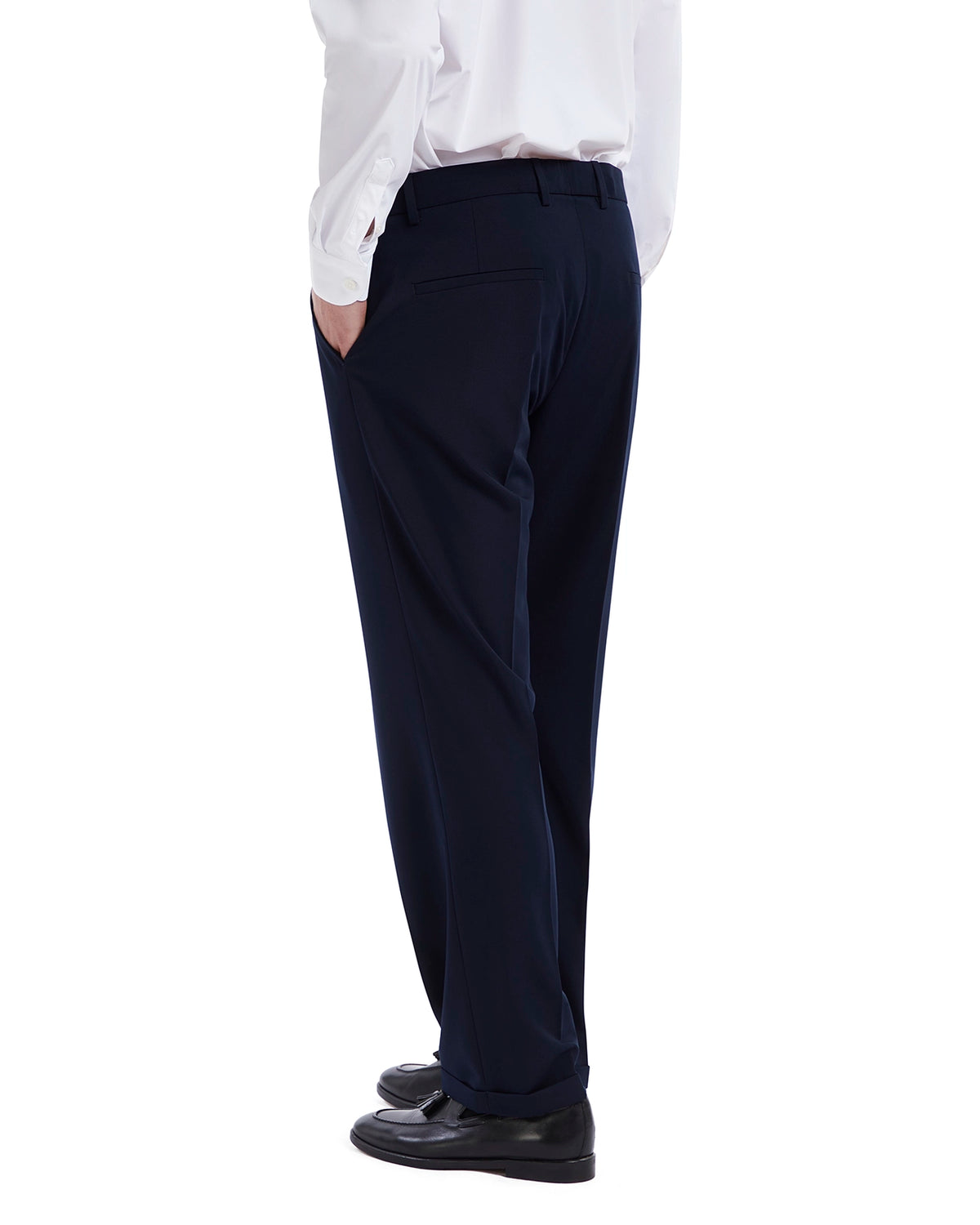 Men's navy dress pants, tailored fit, polyester blend material, perfect for formal occasions.