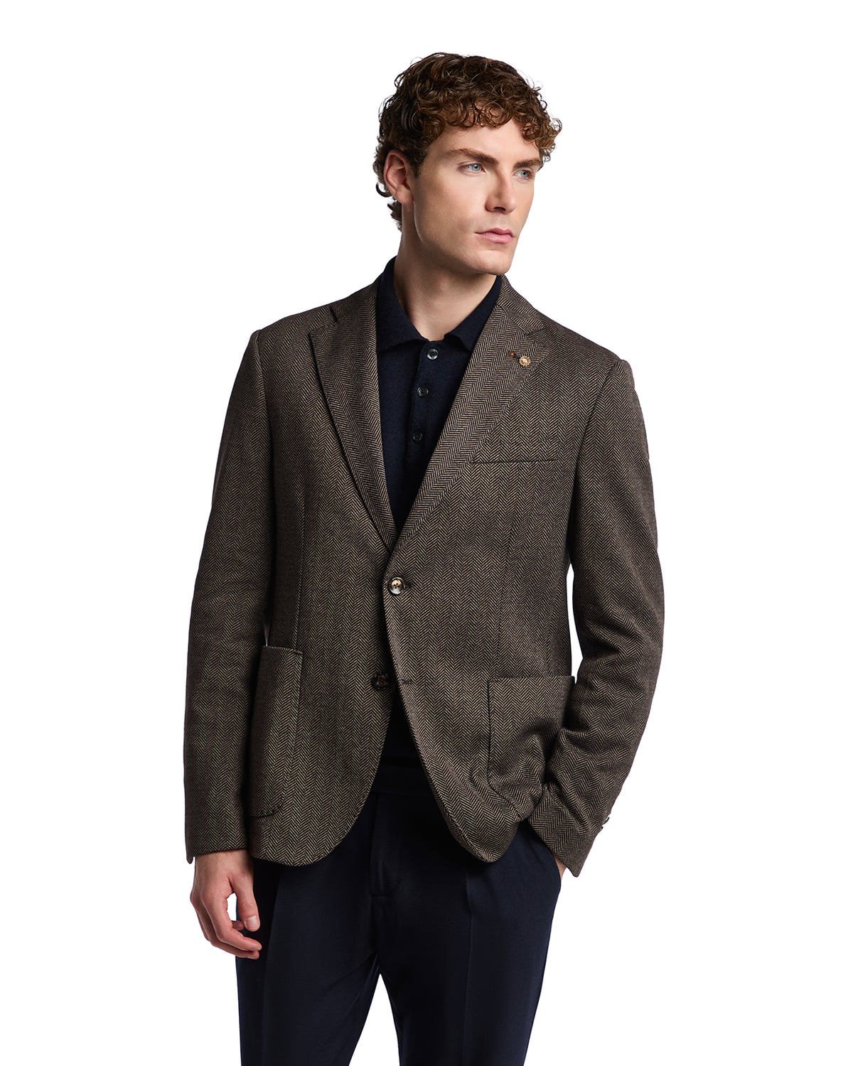 Men's brown tweed blazer with a tailored fit, single-breasted design, and two front pockets. Perfect for smart-casual attire.
