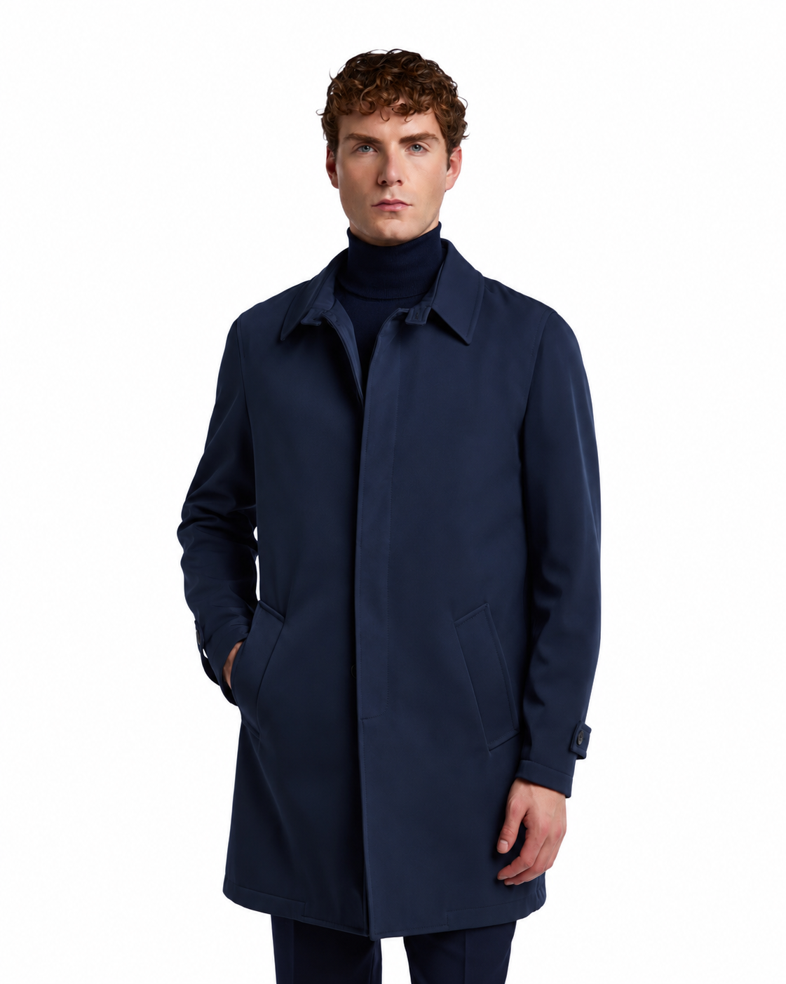 Men's navy blue lightweight trench coat, made from water-resistant fabric, featuring a classic collar and side pockets.