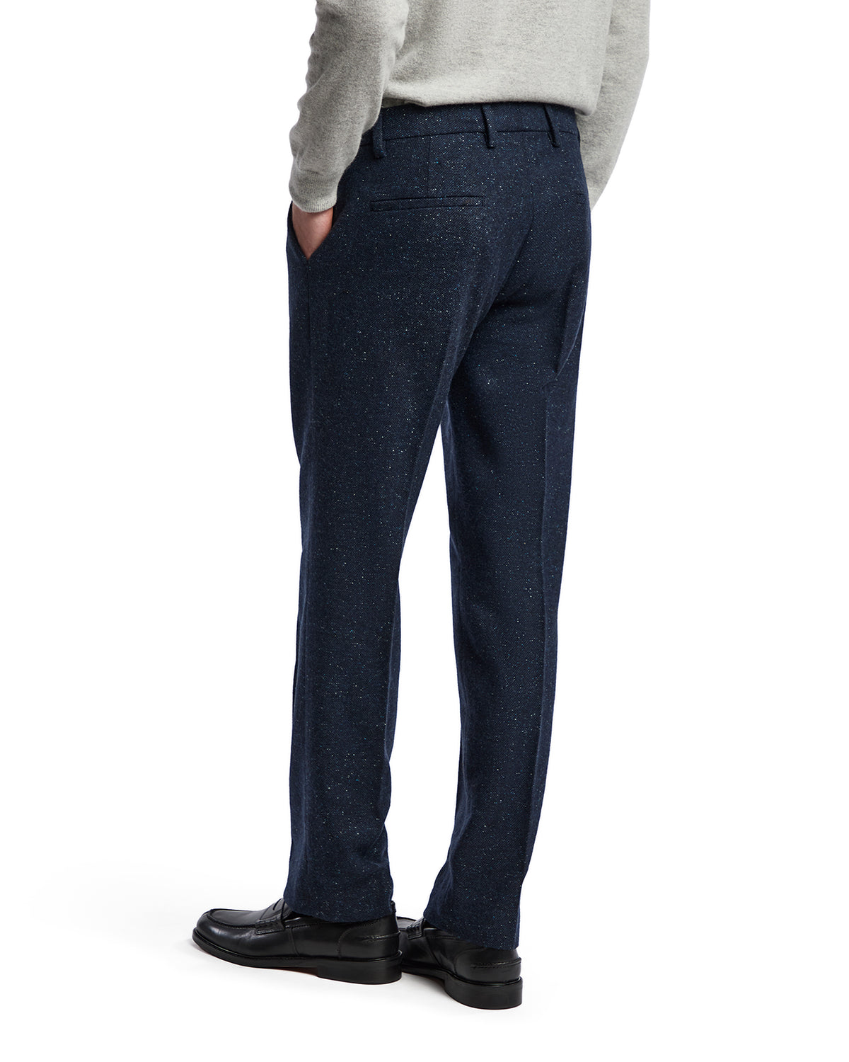 Men's navy speckled wool trousers, tailored fit, with side pockets and a classic style, perfect for smart casual wear.