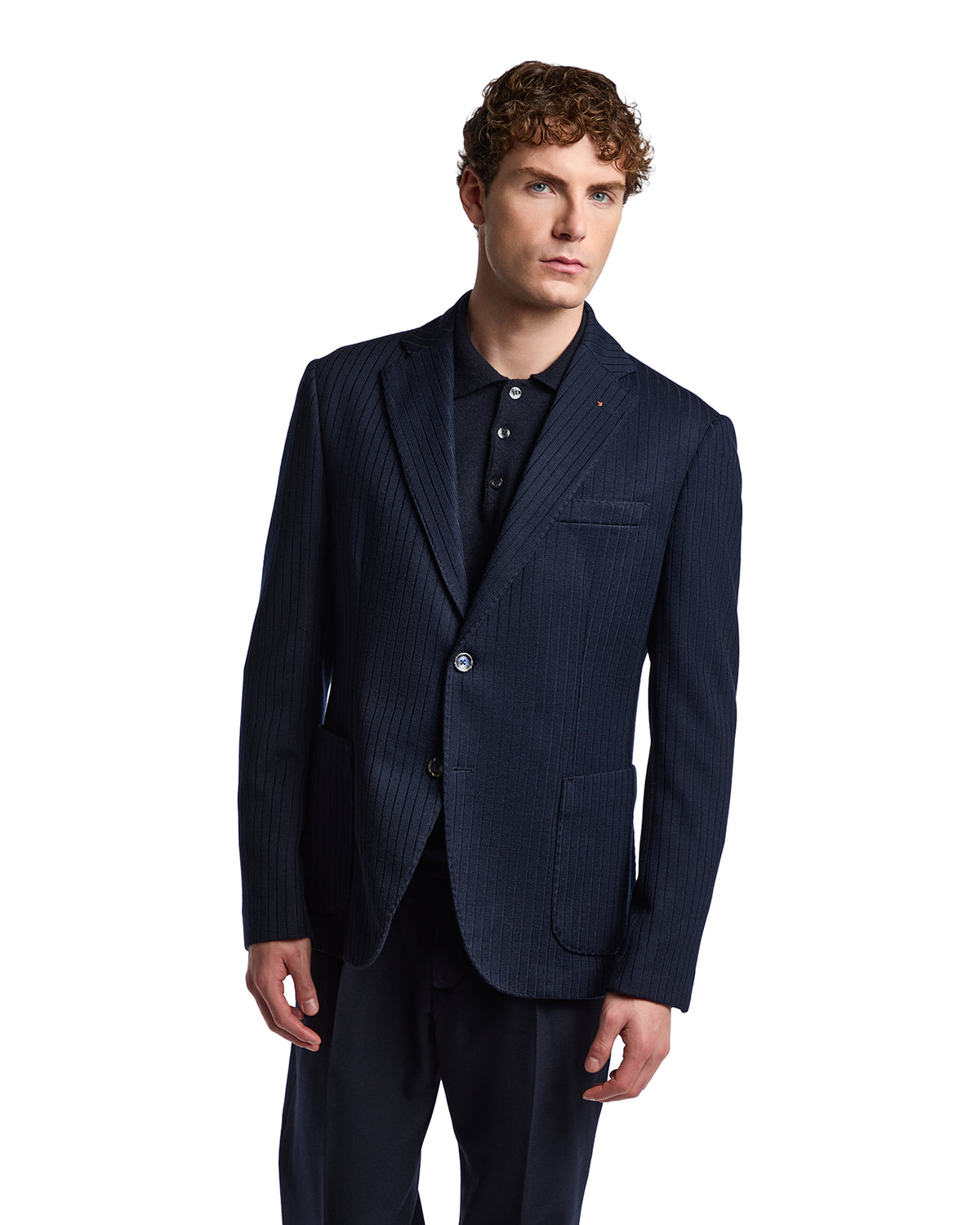 Navy pinstripe men's blazer, tailored fit, single-breasted with notch lapels, crafted from lightweight cotton blend.