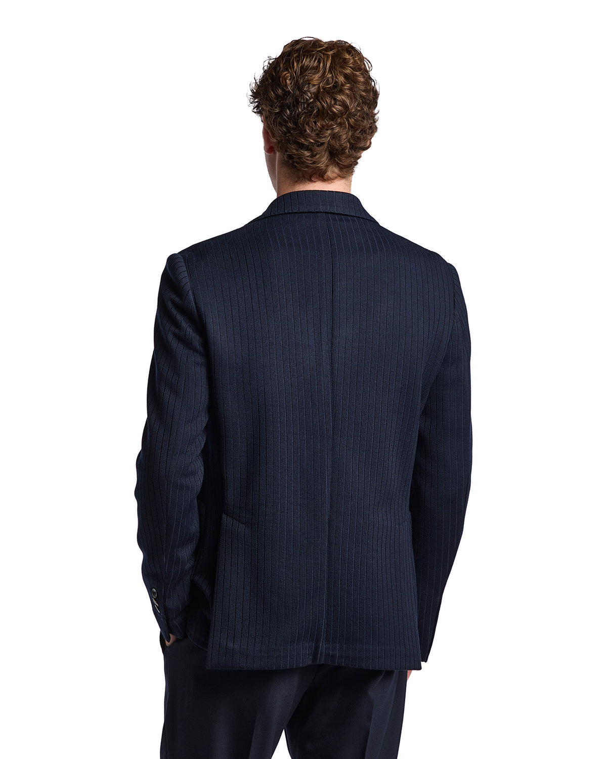 Navy striped men's blazer, tailored fit, high-quality fabric, perfect for formal or business occasions.