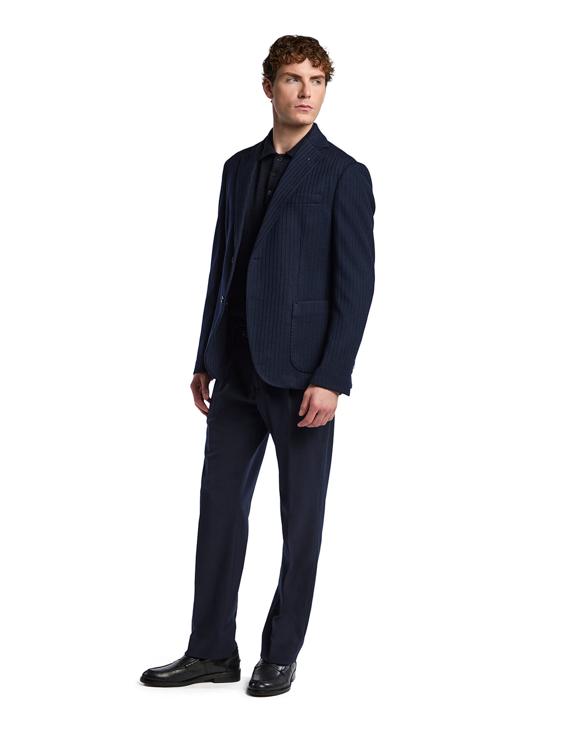 Men's navy pinstriped suit jacket in wool-blend, paired with matching trousers for a sleek, modern look.