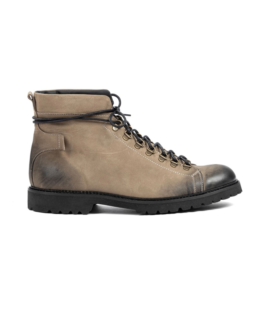 Tan leather hiking boots with black laces and rubber sole, featuring a rugged, stylish design for outdoor adventures.