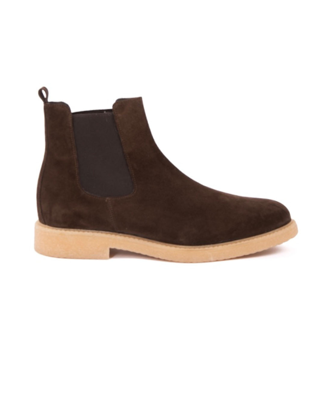 Dark brown suede Chelsea boot with black elastic side panel and tan rubber sole.