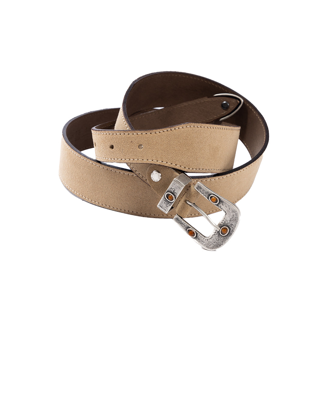 Tan suede leather belt with silver-toned western buckle and amber stone accents, casual cowboy style for men or women.