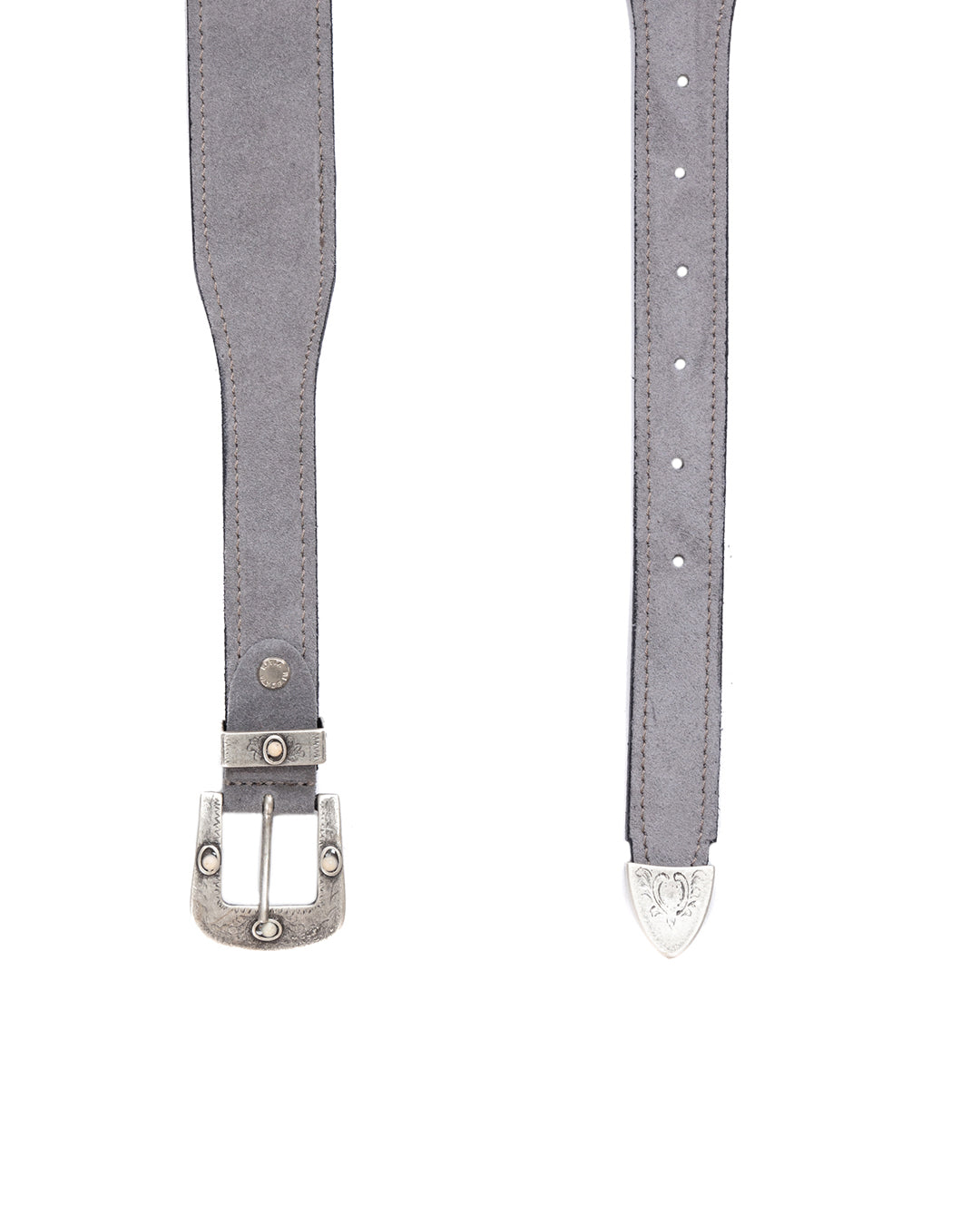 Gray suede leather belt with silver engraved buckle, decorative tip, and adjustable holes. Western style accessory.