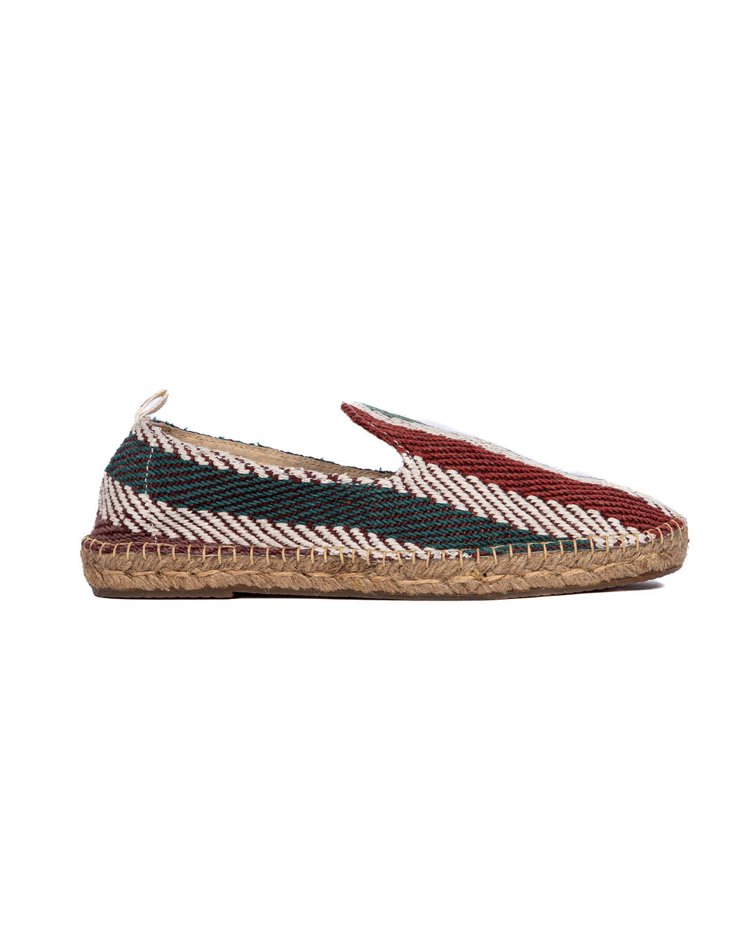 Striped woven espadrille slip-on with red, green, and white pattern, jute rope sole, canvas upper, casual flat shoe