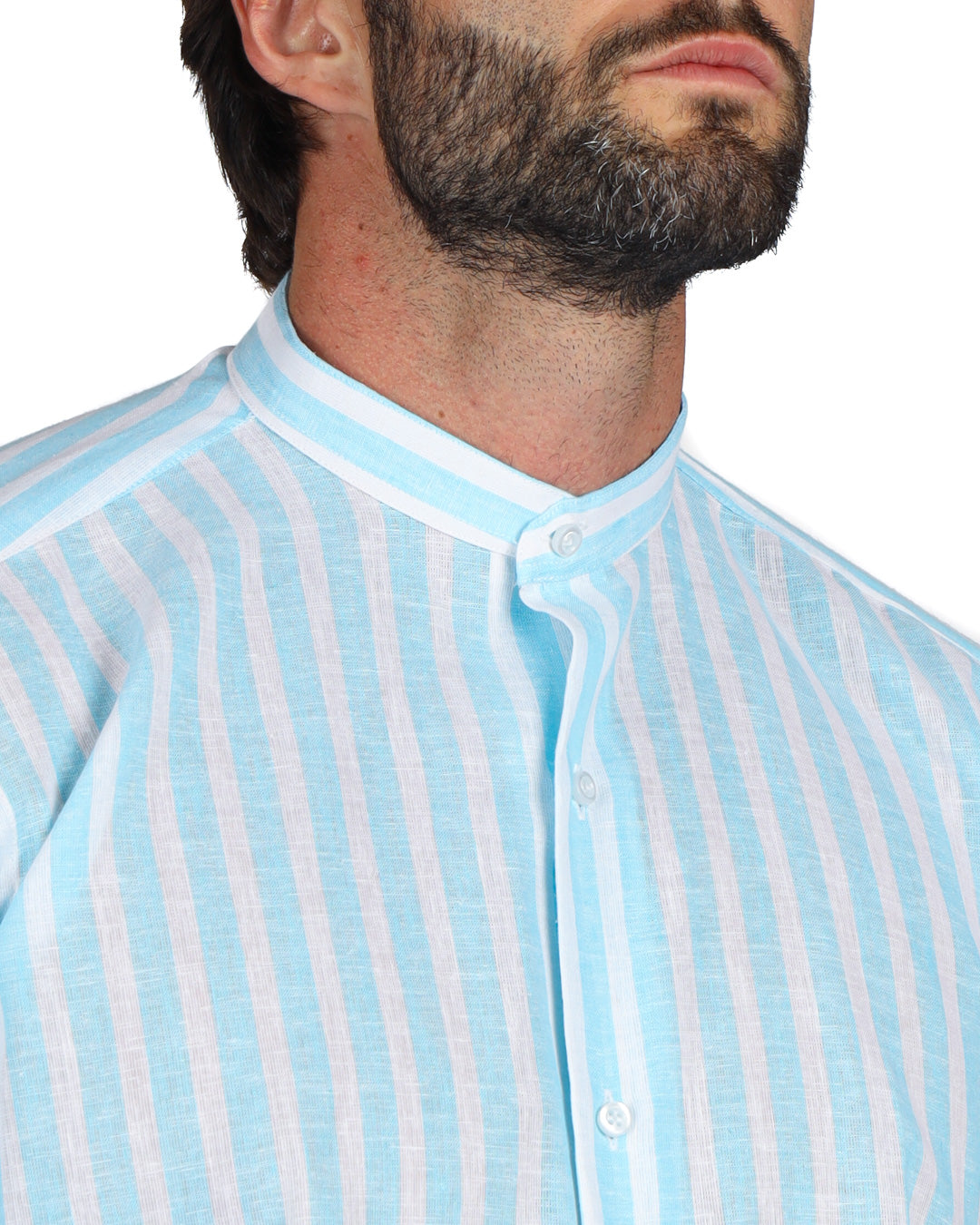 Light blue striped linen shirt with a Mandarin collar and button closure, perfect for casual or semi-formal wear.