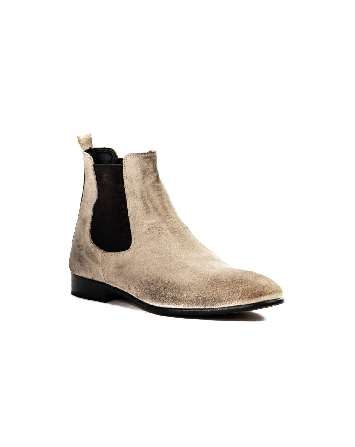 Beige suede Chelsea boots with black elastic side panels and a sleek, modern silhouette for casual or formal wear.