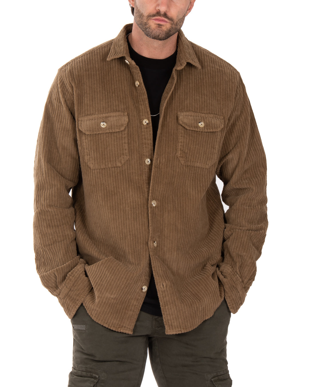 Brown corduroy button-up shirt with two chest pockets, relaxed fit, and long sleeves for a casual style.