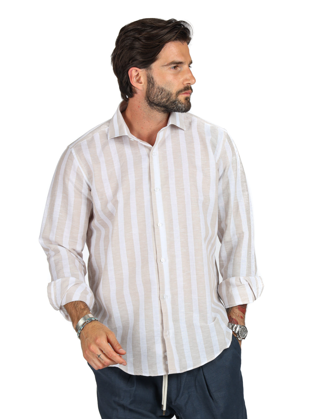 Men's beige striped linen shirt with long sleeves, perfect for casual summer wear.