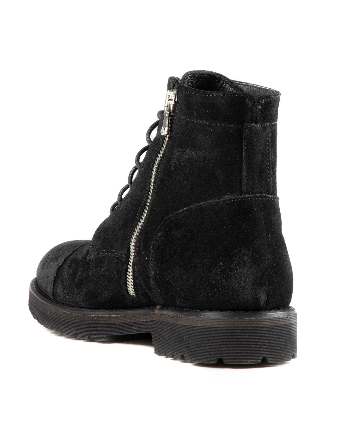 Black suede ankle boots with a zipper and lace-up detailing, featuring a durable rubber sole.