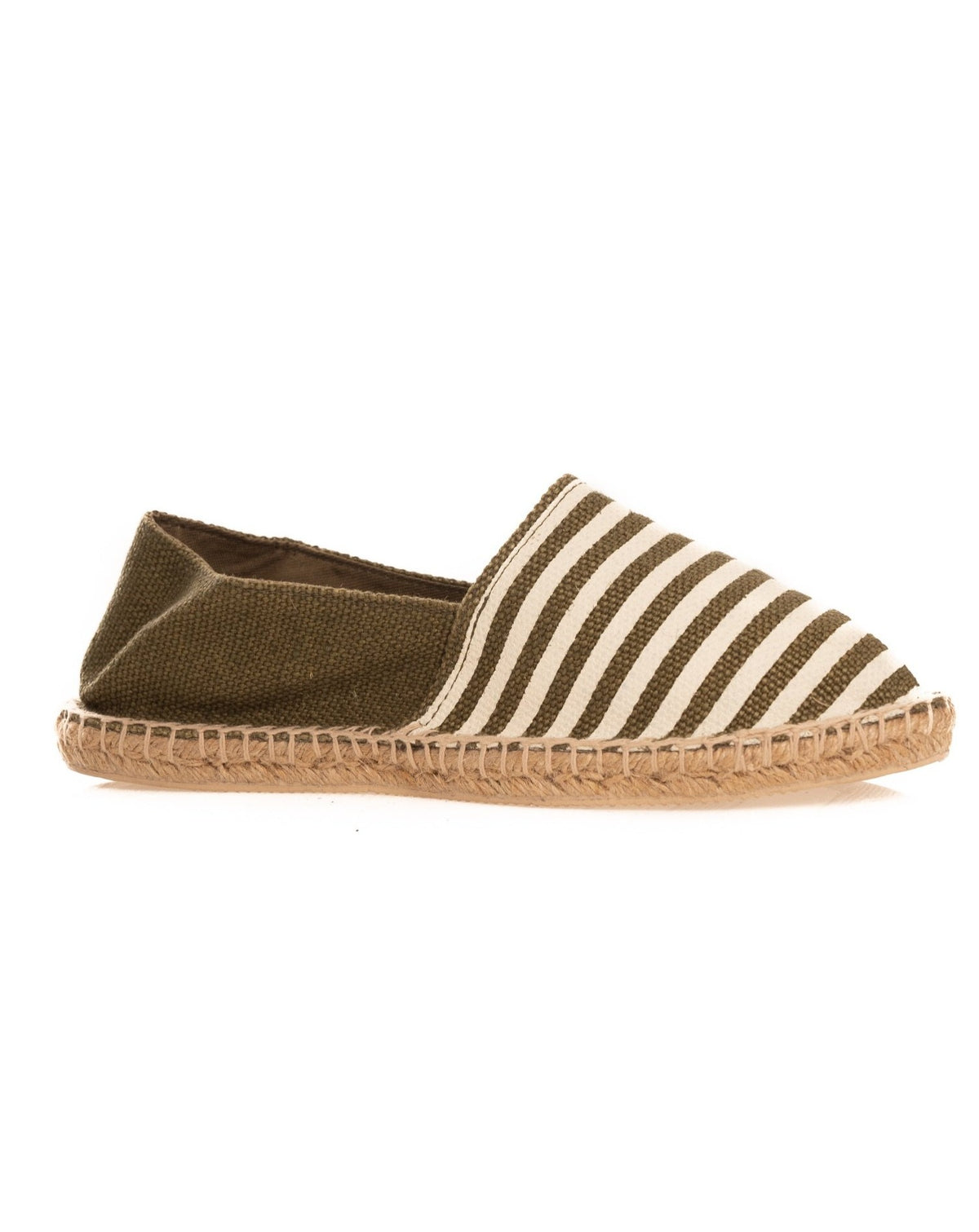 Olive green and white striped canvas espadrille slip-on shoe with jute rope sole