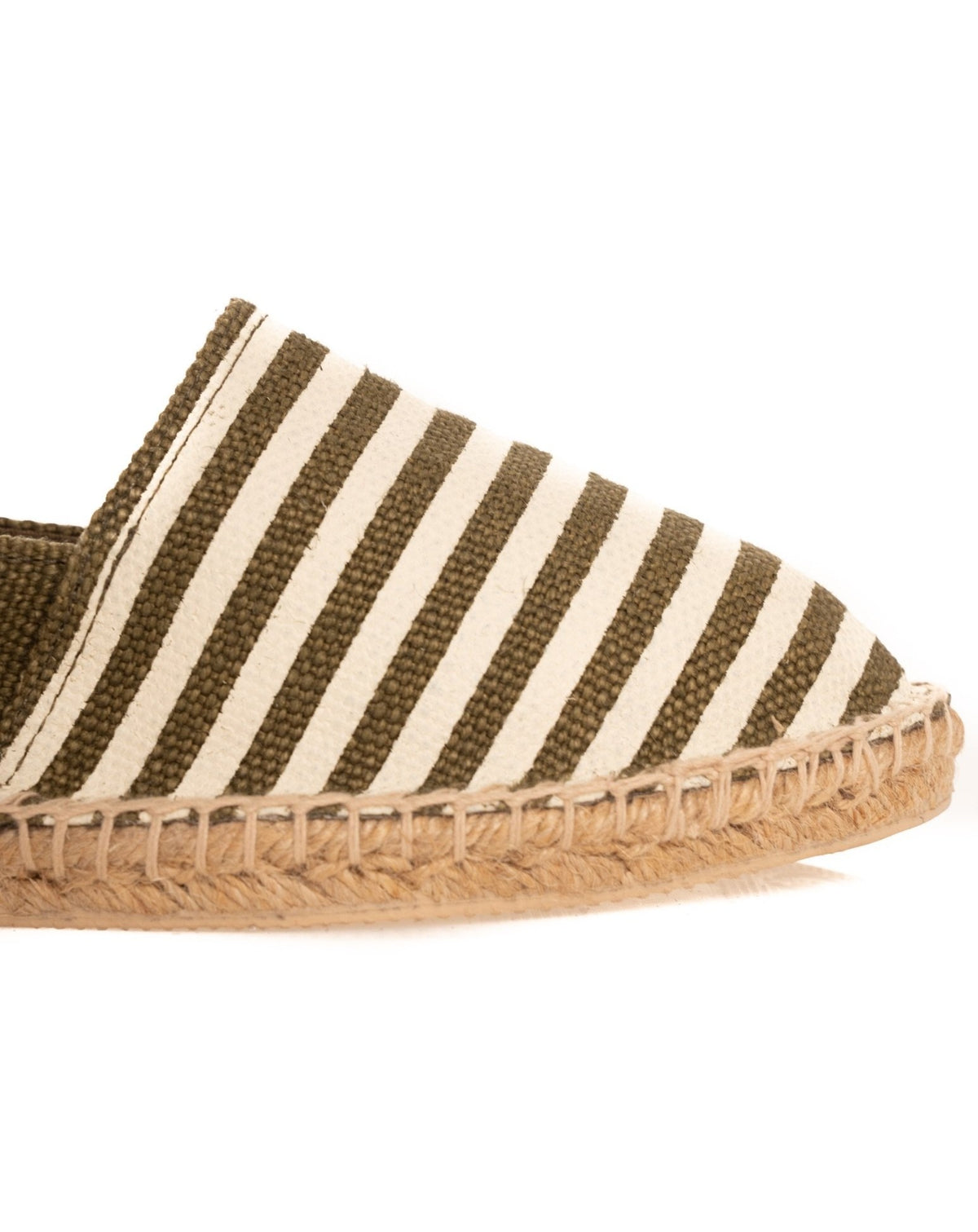 Olive green and white striped canvas espadrille flat with natural jute rope sole