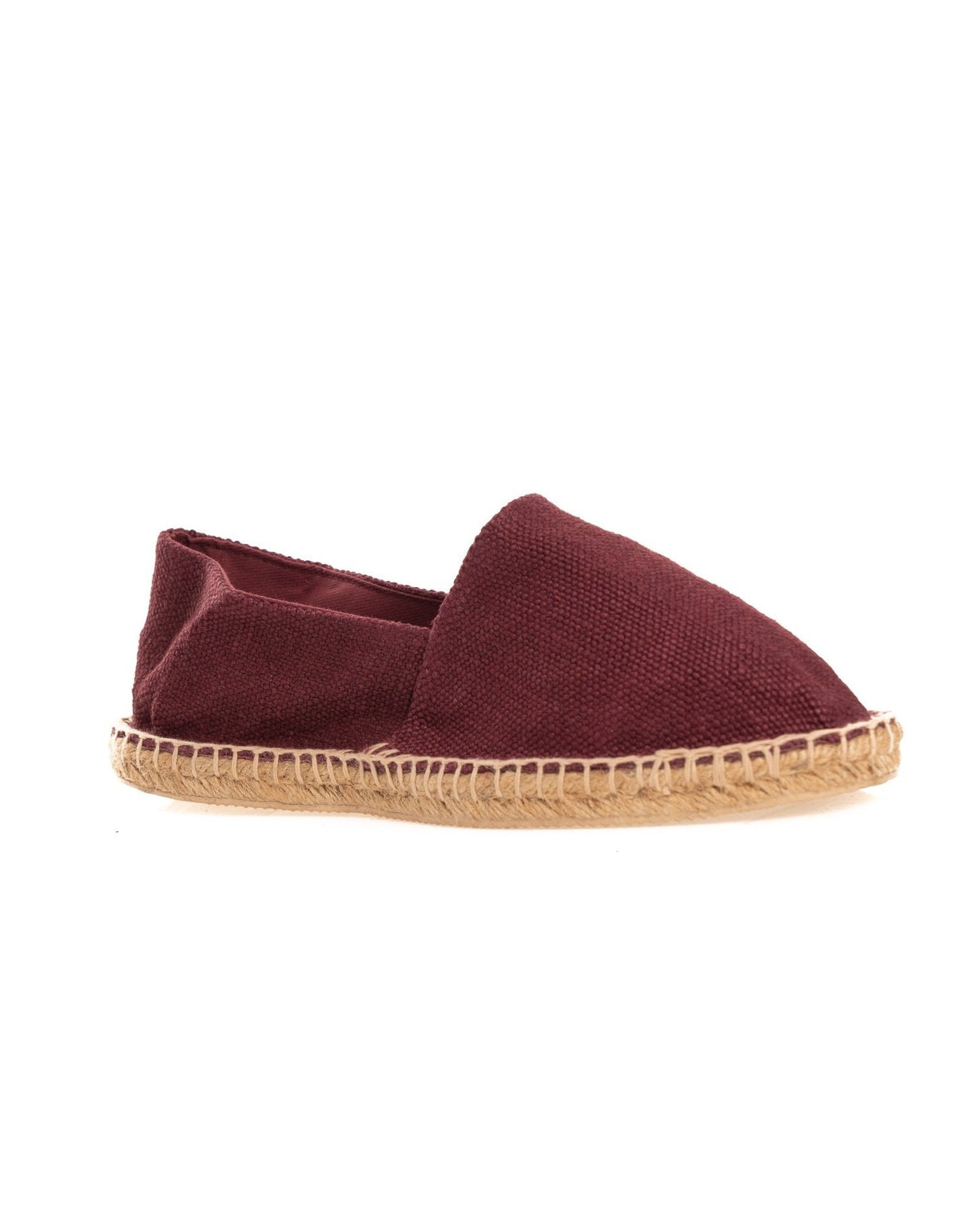 Burgundy canvas espadrille slip-on shoe with natural jute rope sole, casual flat footwear