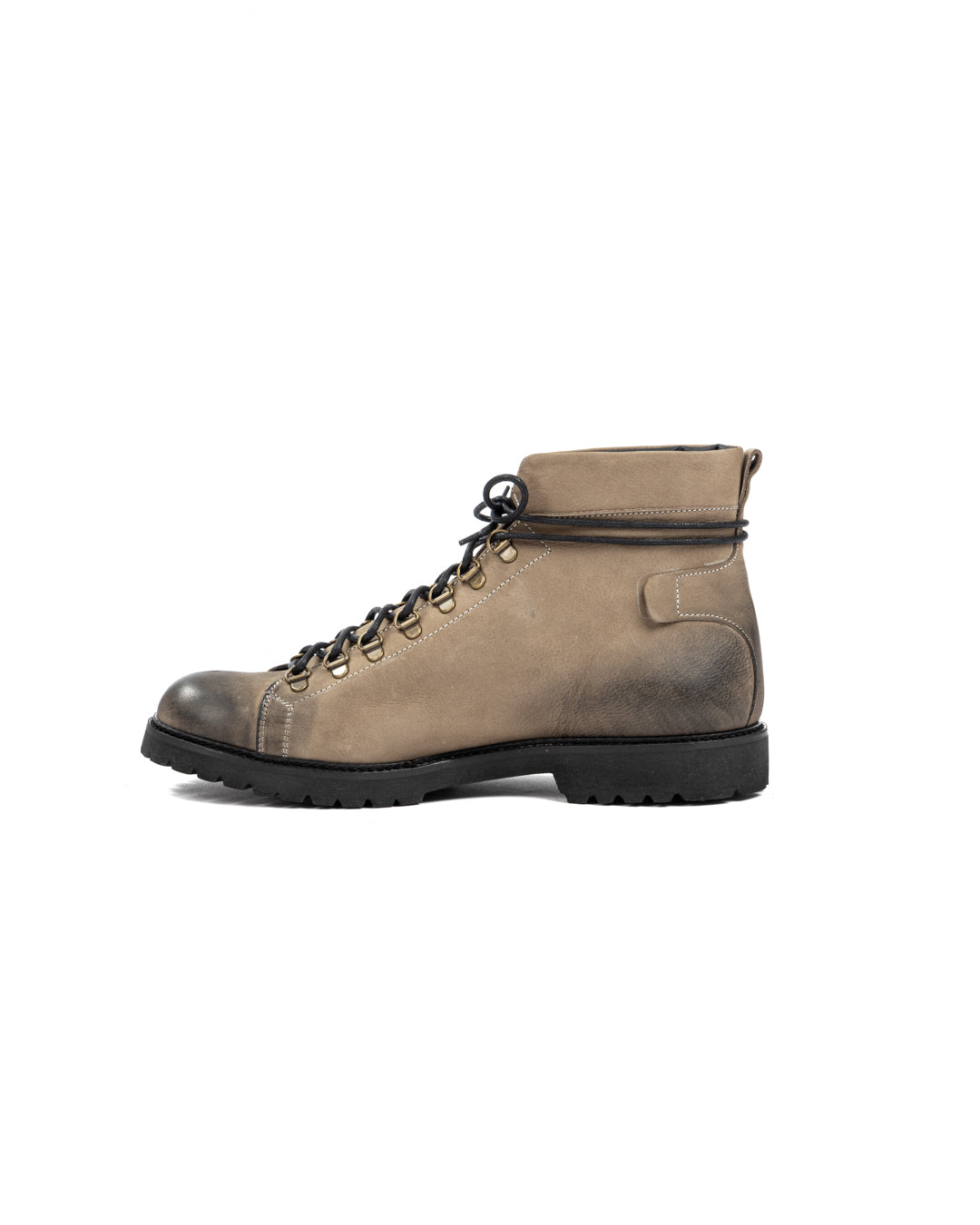Taupe nubuck leather hiking boot with black rubber sole, metal eyelets, and lace-up closure.