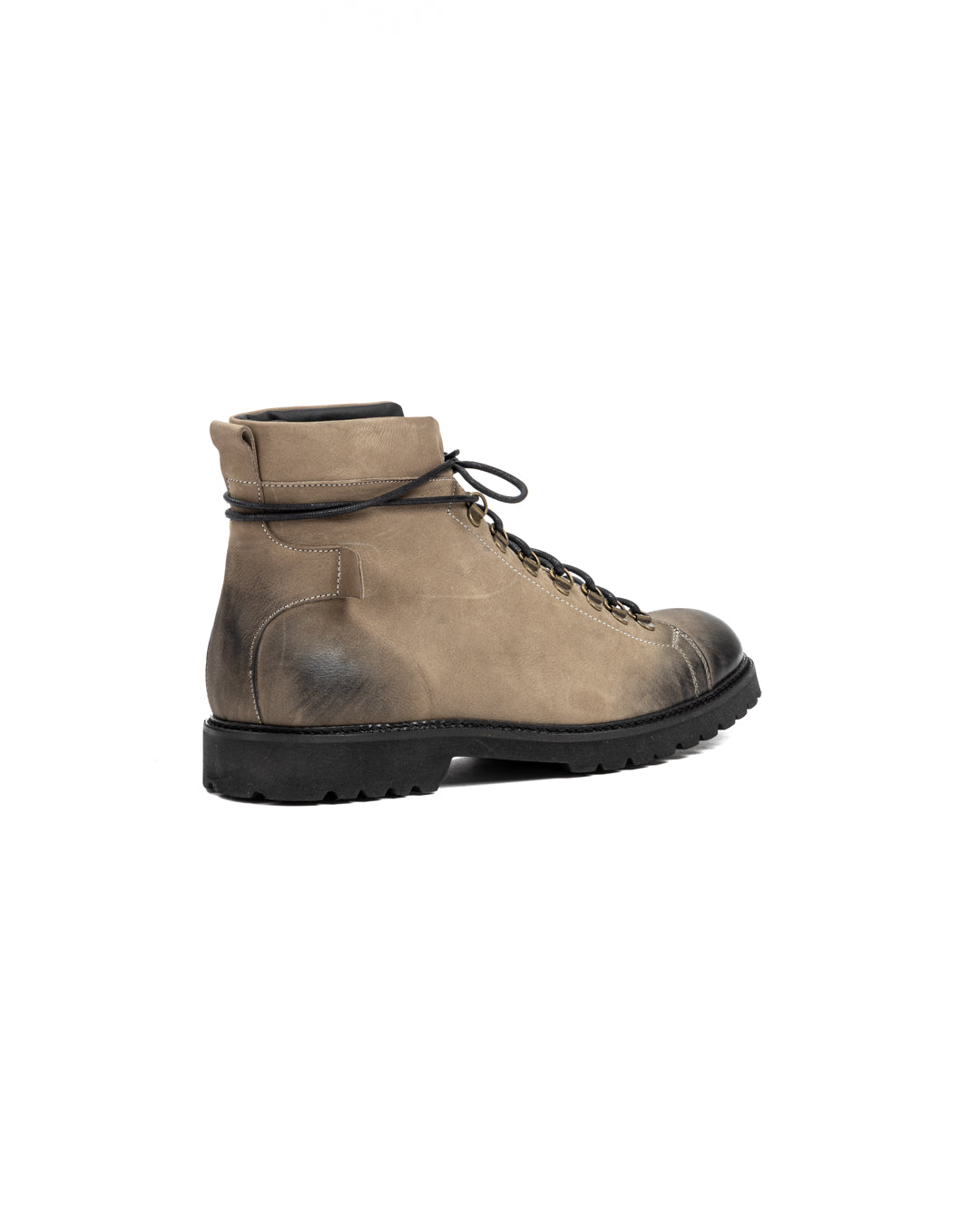 Taupe distressed leather lace-up ankle boot with black rubber sole and gold-tone eyelets