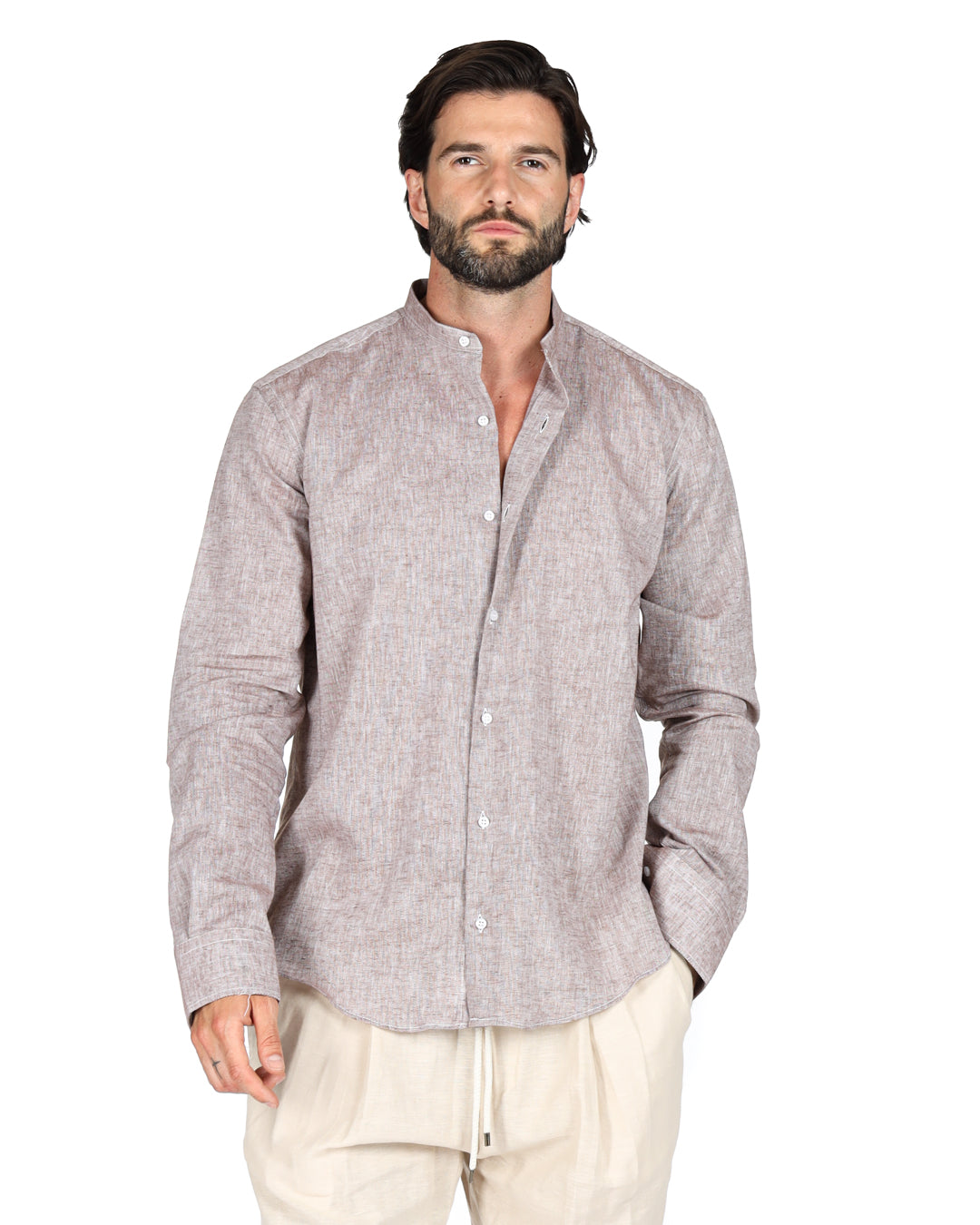 Men's light gray linen blend long sleeve shirt with mandarin collar and button front, casual style