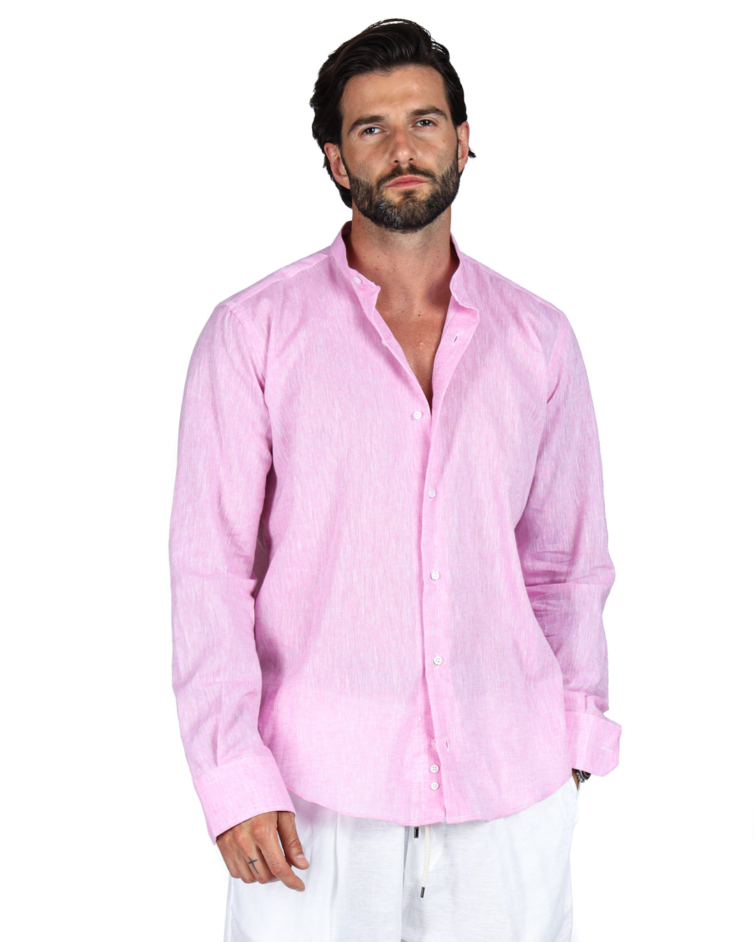 Pink linen men's long sleeve button-down shirt with mandarin collar, relaxed fit, and white buttons.