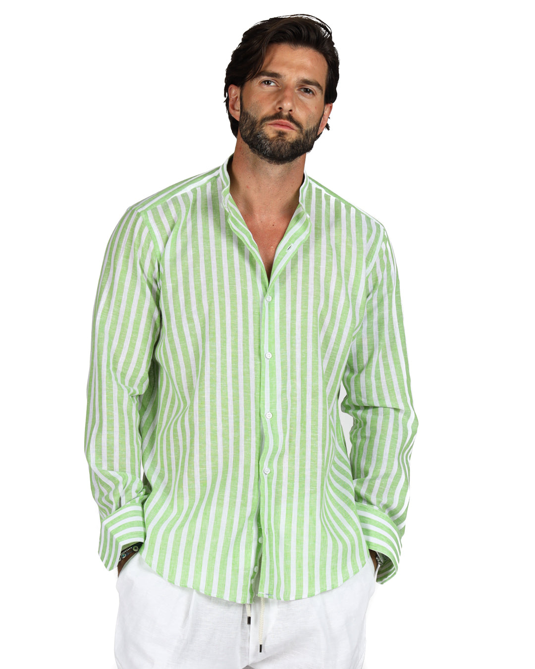 Men's green and white striped linen long-sleeve button-up shirt with banded collar, casual summer style.