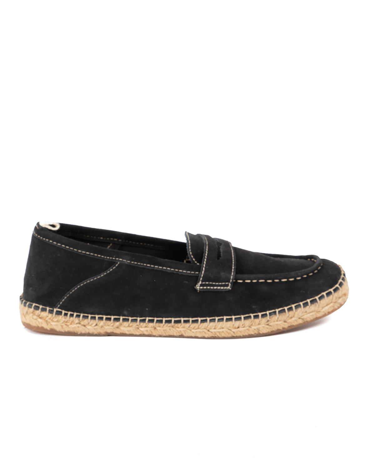 Black suede penny loafer espadrille with contrast stitching and braided jute sole, shown in profile