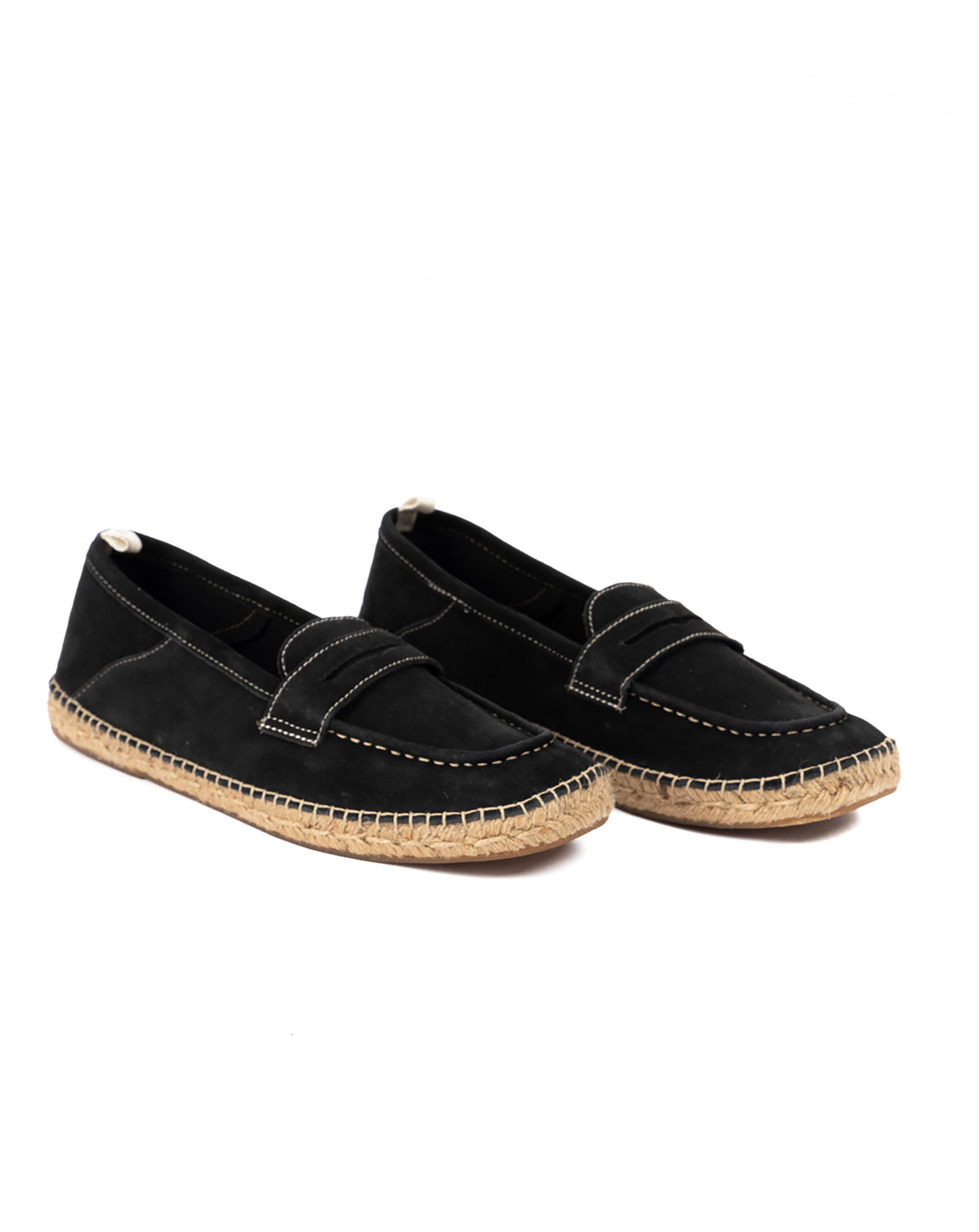 Pair of black suede penny loafer espadrilles with contrast stitching on woven jute soles