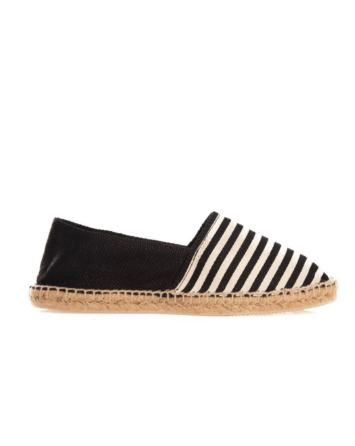 Black and white striped canvas espadrille flat with jute rope sole, slip-on casual summer shoe