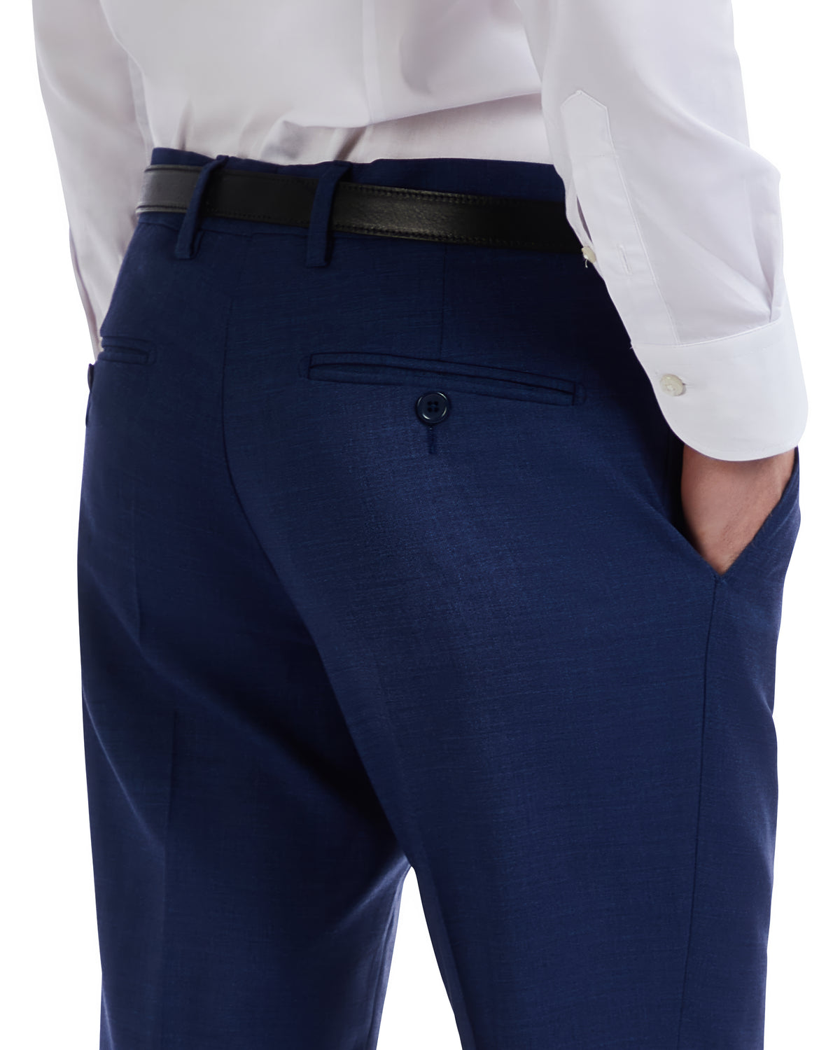 Navy blue tailored pants with a smooth finish, featuring back pockets and a black belt. Elegant and modern style.
