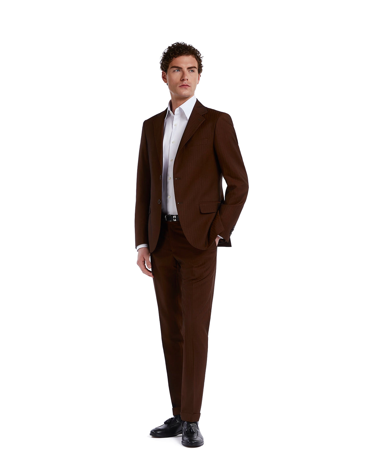 Men's brown pinstripe suit made of high-quality fabric, featuring a classic fit with a white dress shirt.