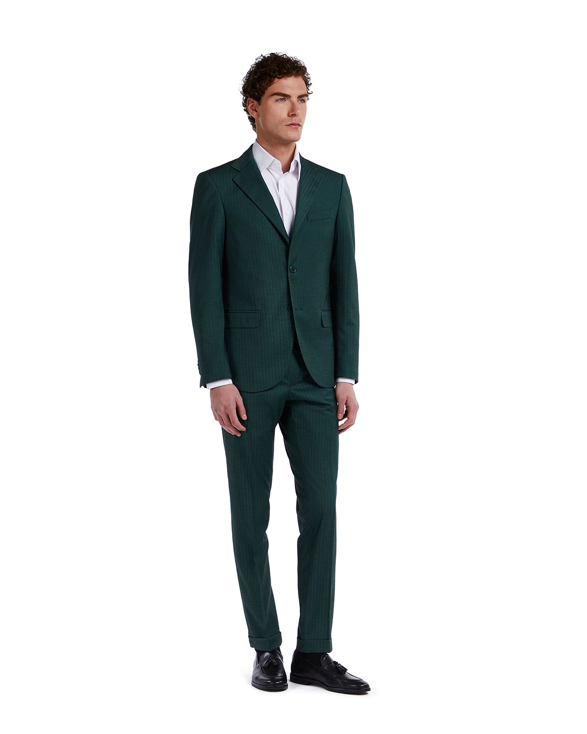 Men's green pinstriped suit in a tailored fit, made from premium wool with a sleek modern style.