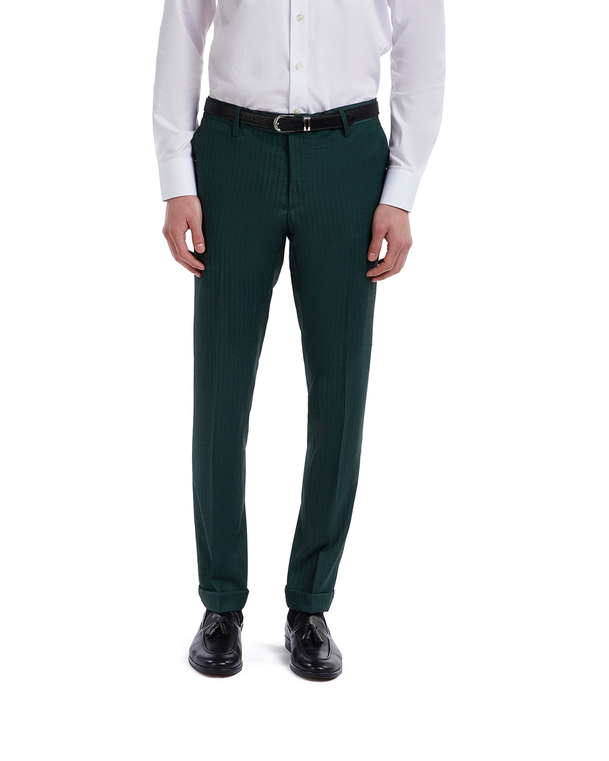 Men's green pinstripe dress pants in lightweight fabric, featuring a tailored fit and stylish black belt.