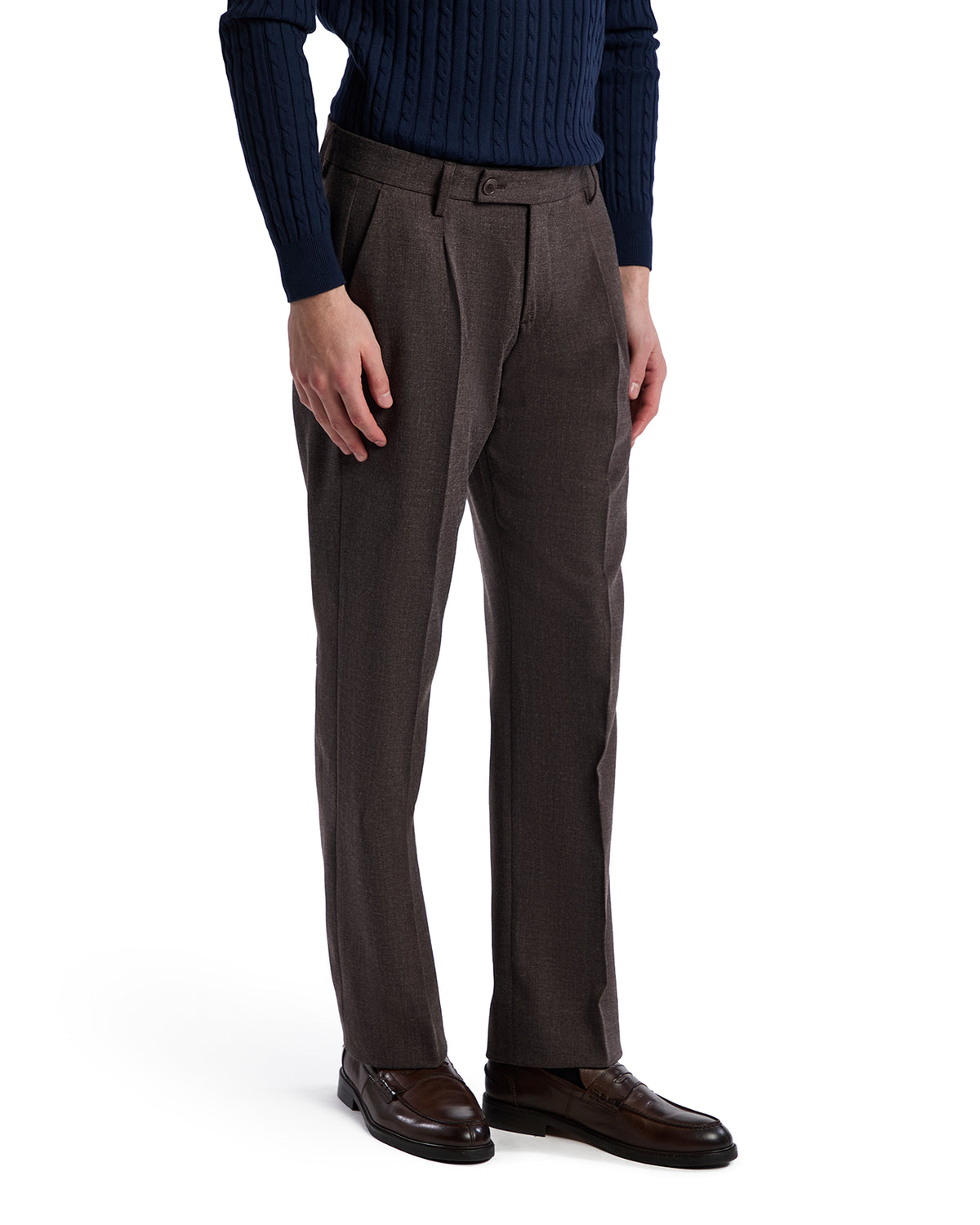 Men's tailored brown wool blend trousers with pleats, featuring a classic fit and stylish waistband.