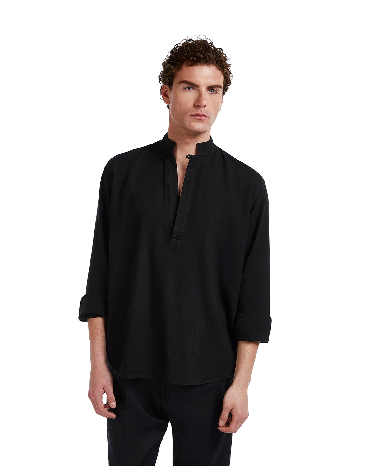 Black linen long sleeve shirt with a mandarin collar and button detailing. Perfect for casual or semi-formal wear.