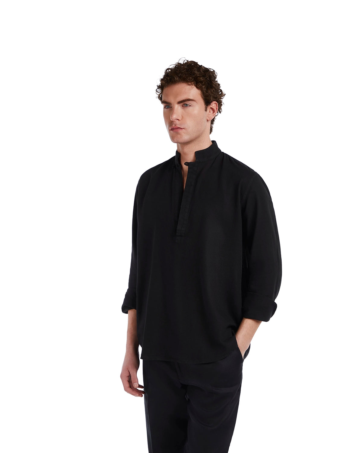 Men's black linen pullover with a mandarin collar and long sleeves, perfect for casual or semi-formal occasions.