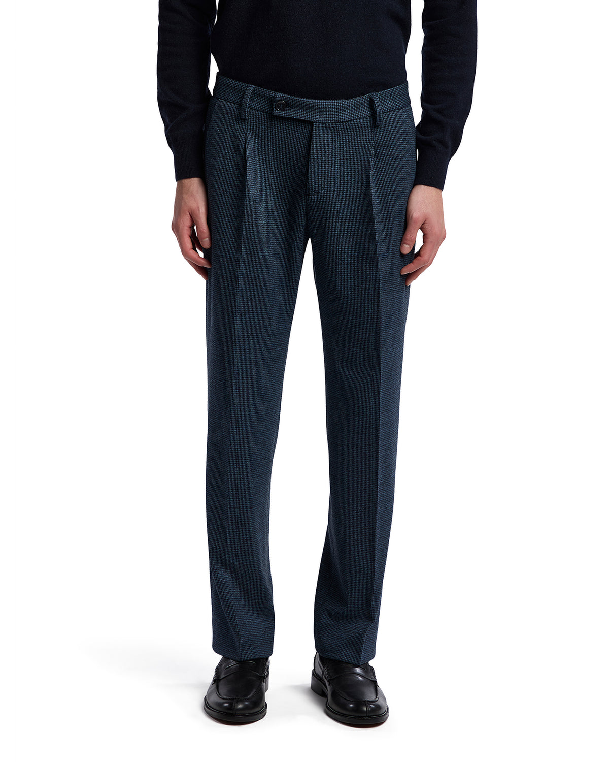 Men's navy blue wool trousers, tailored fit with pleats, perfect for formal or business casual attire.