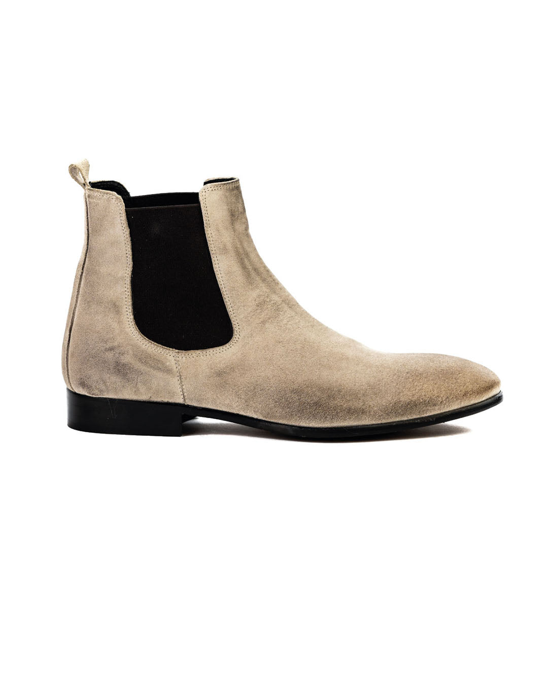 Beige suede Chelsea boots with black elastic side panels and low heel, men's ankle booties