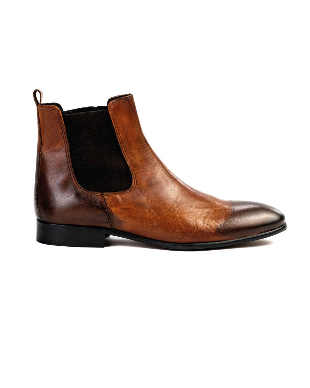 Men's tan leather Chelsea boots with black elastic side panels and low heel.