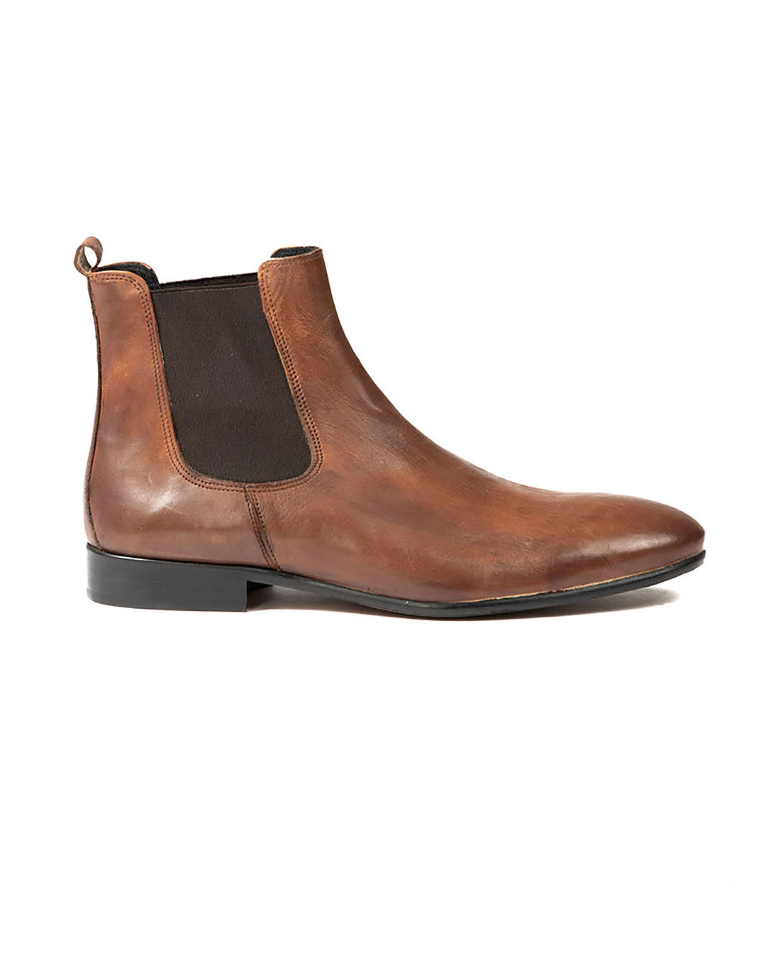 Brown leather Chelsea boot with elastic side panel and black sole, men's ankle boot