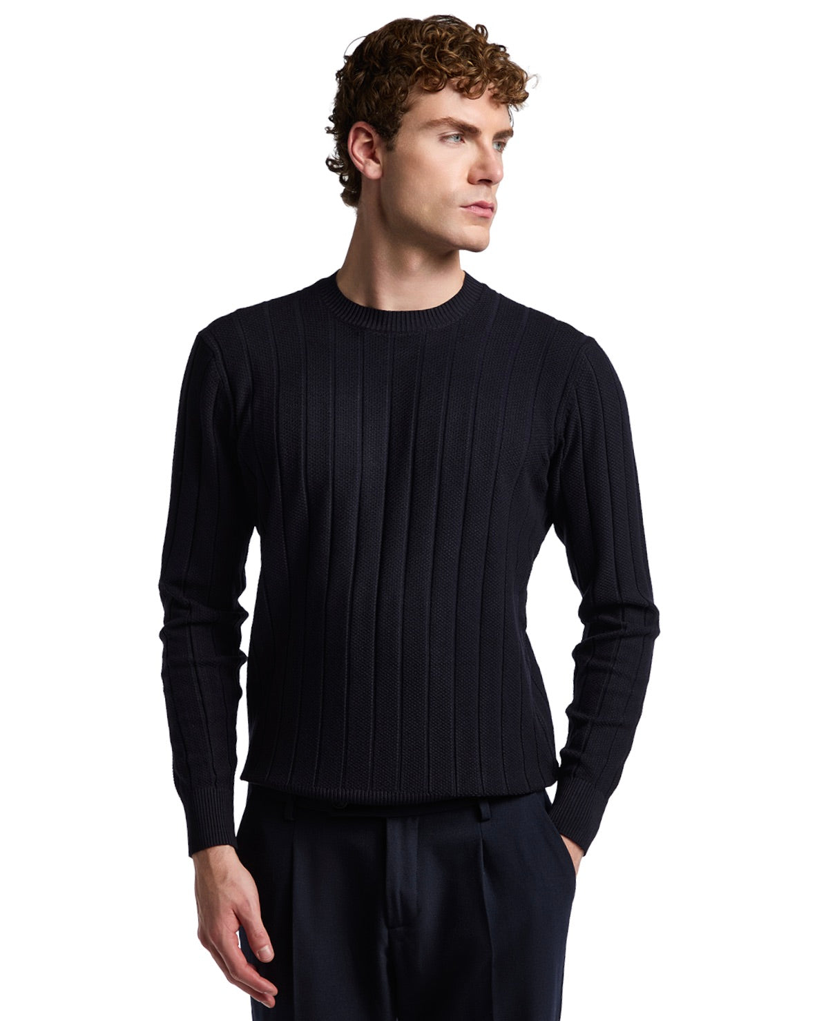 Navy ribbed knit sweater for men, featuring long sleeves and a classic crew neckline. Ideal for casual or smart-casual wear.