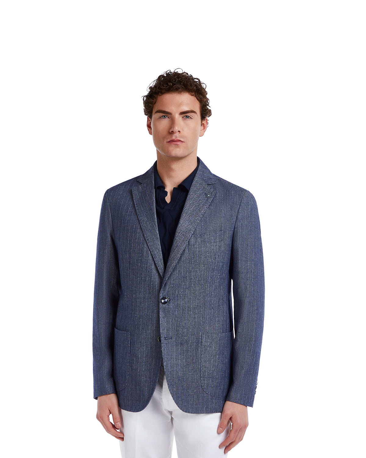 Men's navy blue striped blazer, tailored fit, lightweight fabric, perfect for smart-casual occasions.
