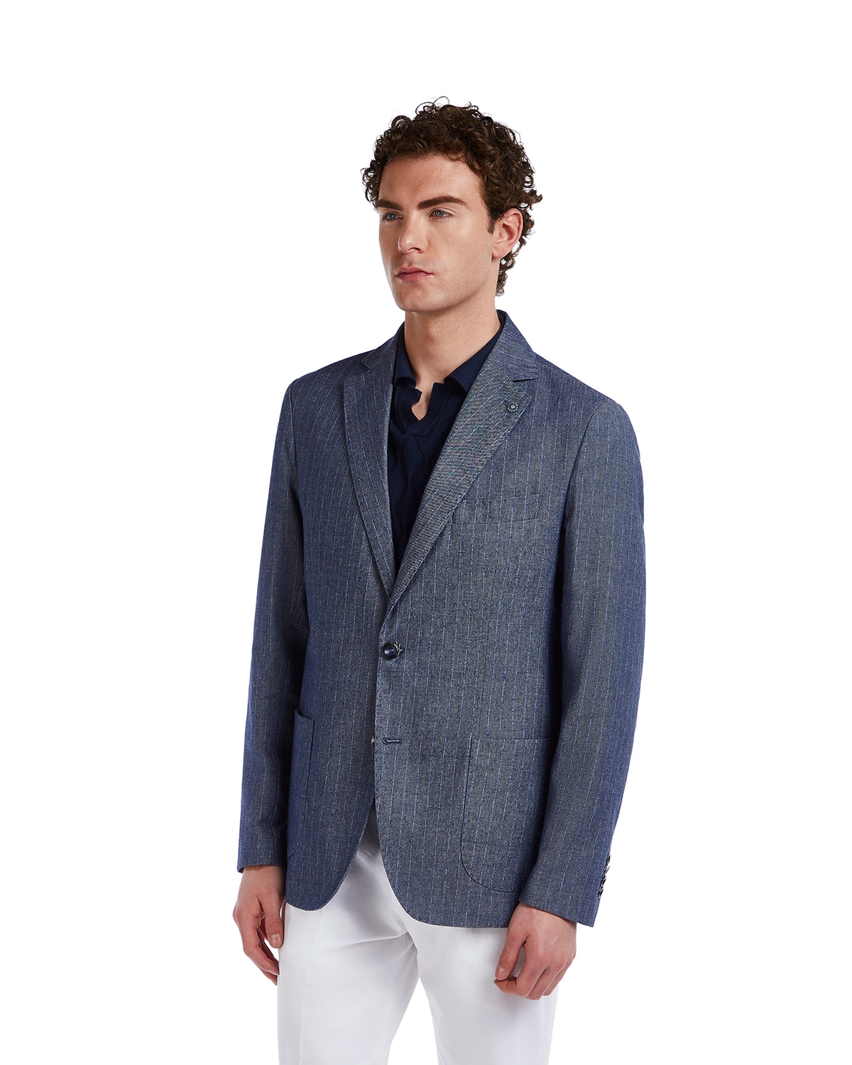 Men's blue pinstripe blazer, lightweight fabric with notch lapels, perfect for smart-casual occasions.