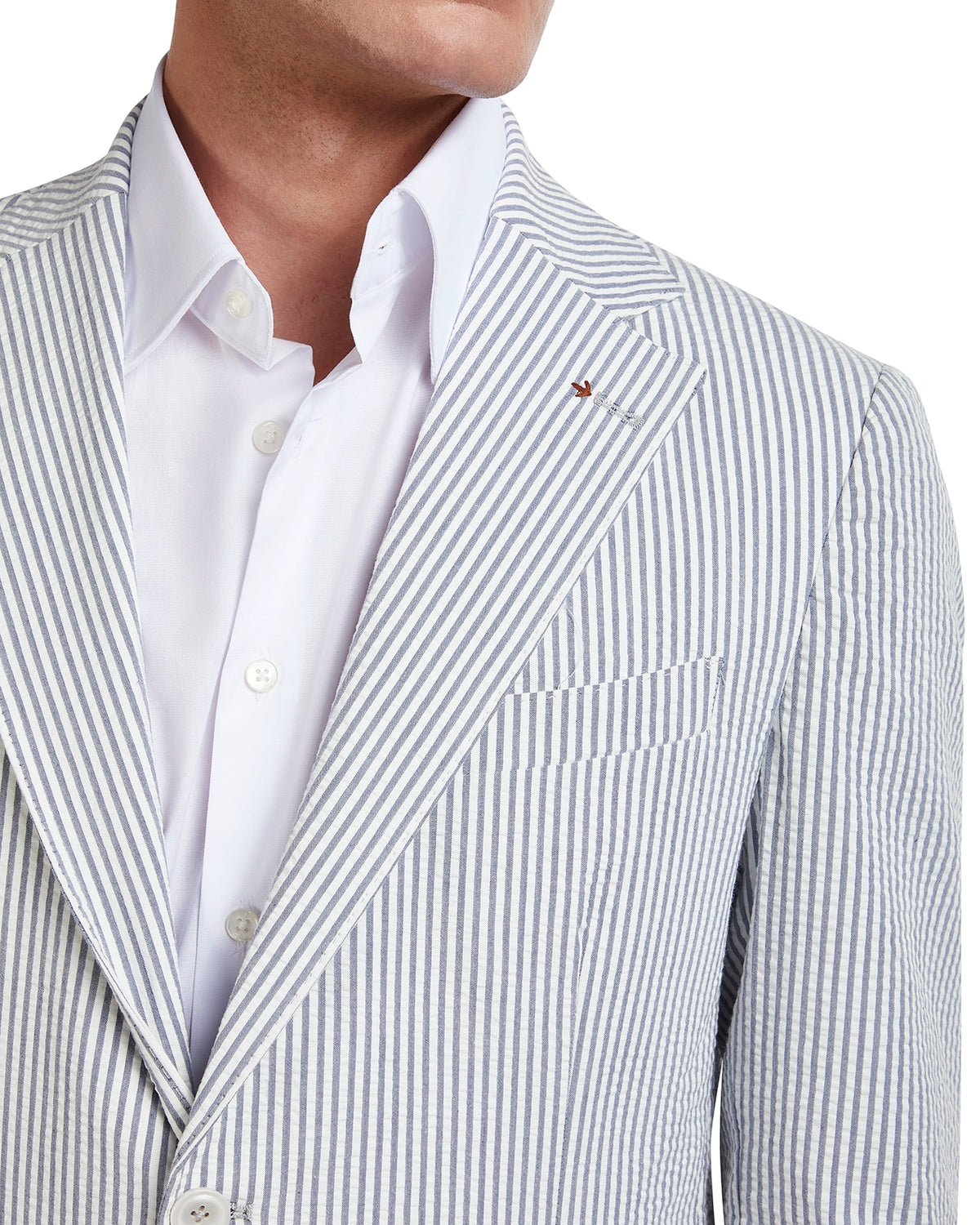 Men's light blue and white striped blazer, tailored fit, crafted from breathable cotton, paired with a crisp white shirt.