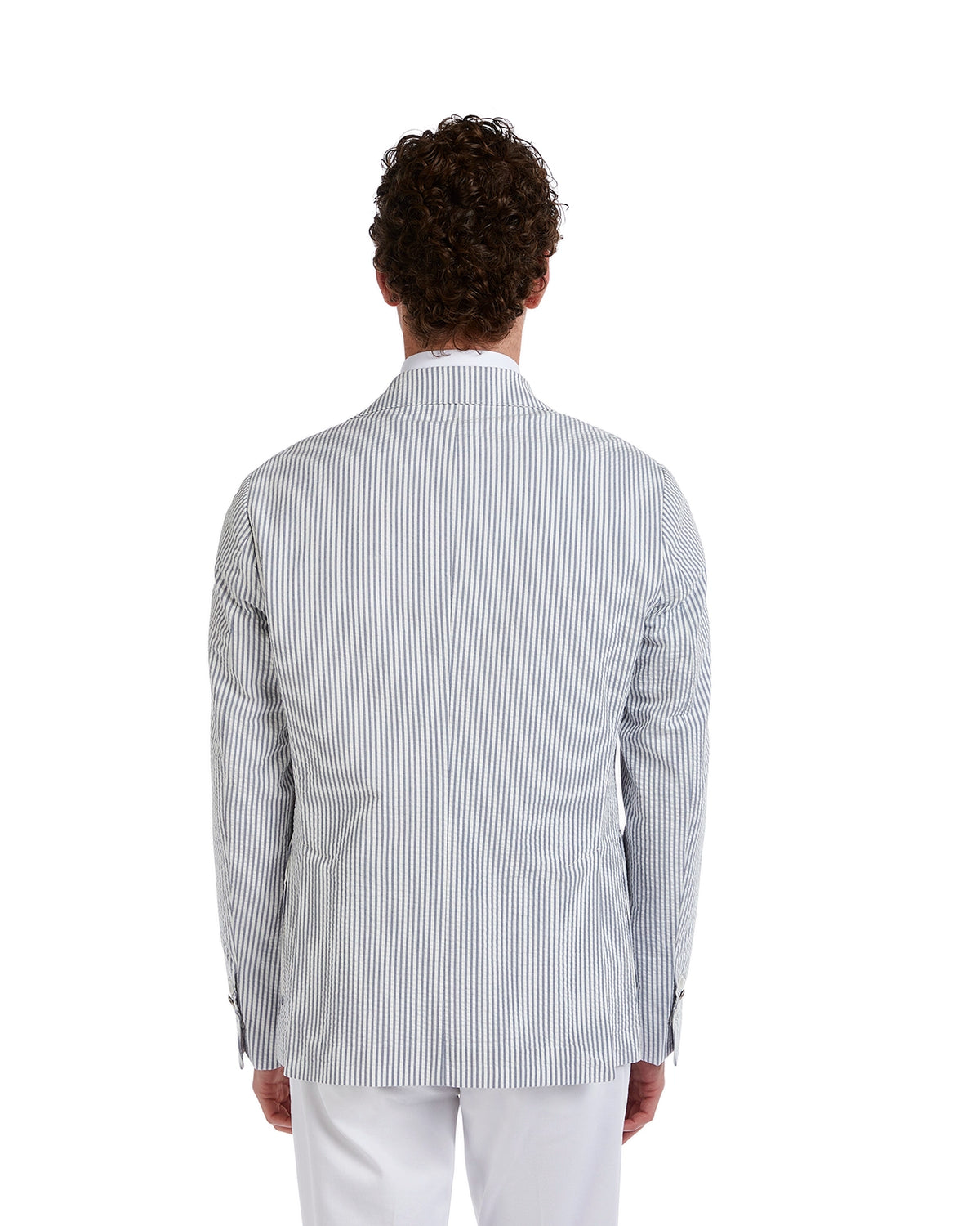 Men's tailored navy and white striped blazer, made from lightweight cotton, perfect for casual or semi-formal occasions.