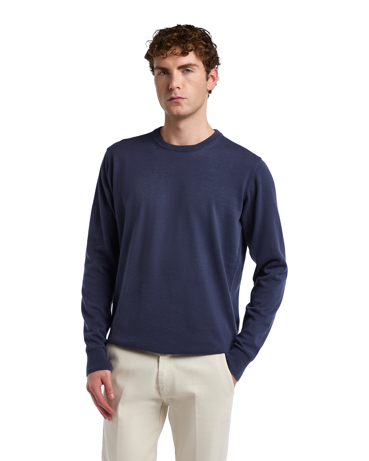 Men's navy blue crew neck sweater, made of soft cotton blend, featuring long sleeves and a relaxed fit.