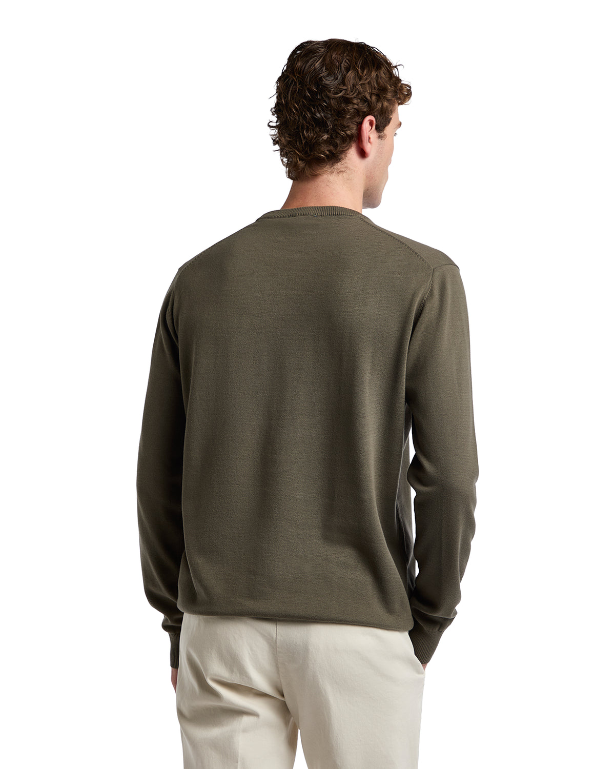 Men's olive green cotton sweater with long sleeves, casual style, perfect for layering in cooler weather.
