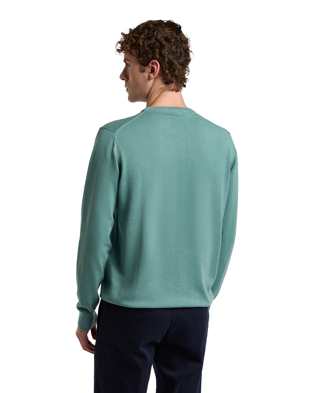 Men's mint green crewneck sweater in soft cotton blend, casual style, perfect for cool weather layering.