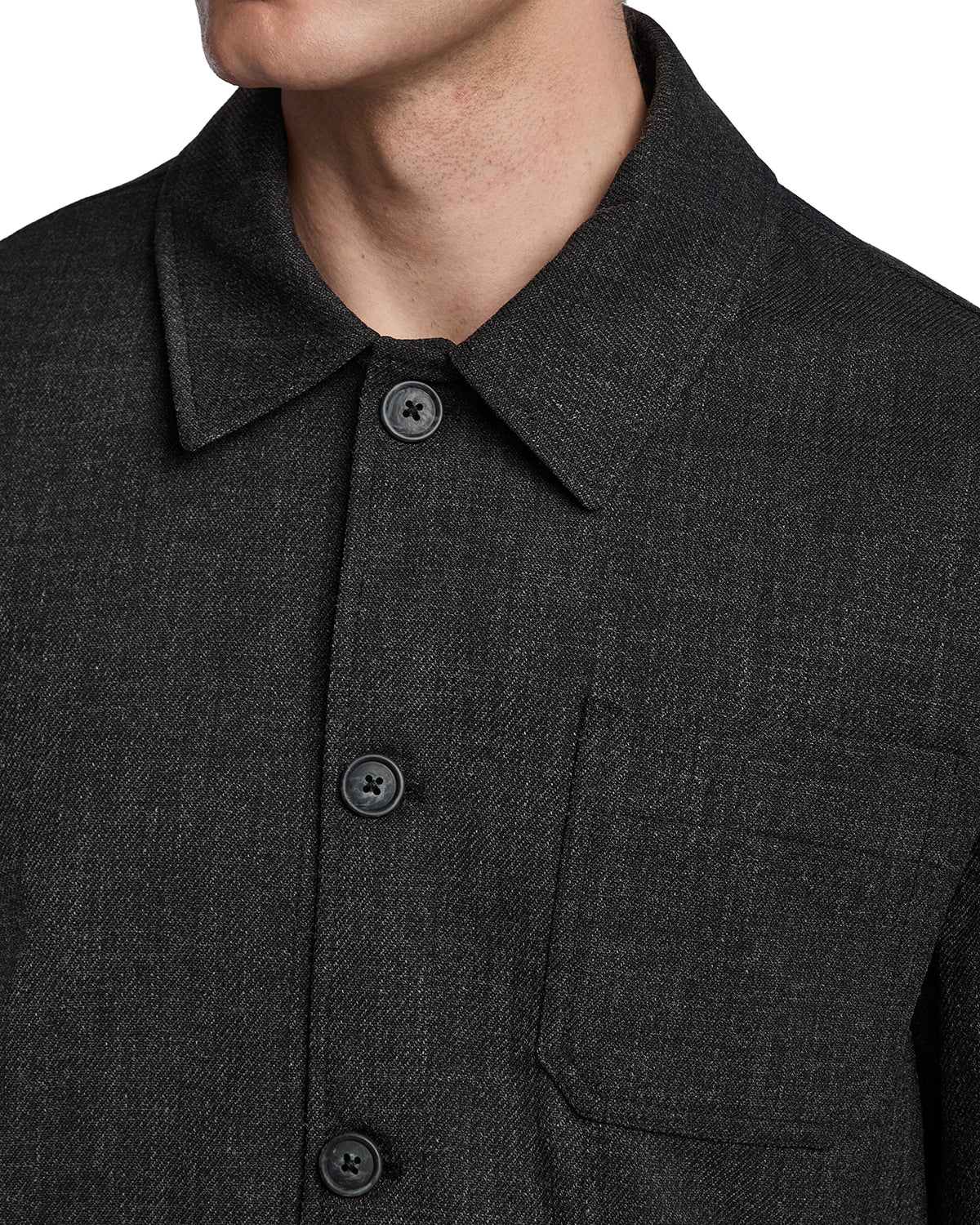 Men's dark gray button-up jacket with a textured fabric, classic collar, and chest pocket. Perfect for casual wear.