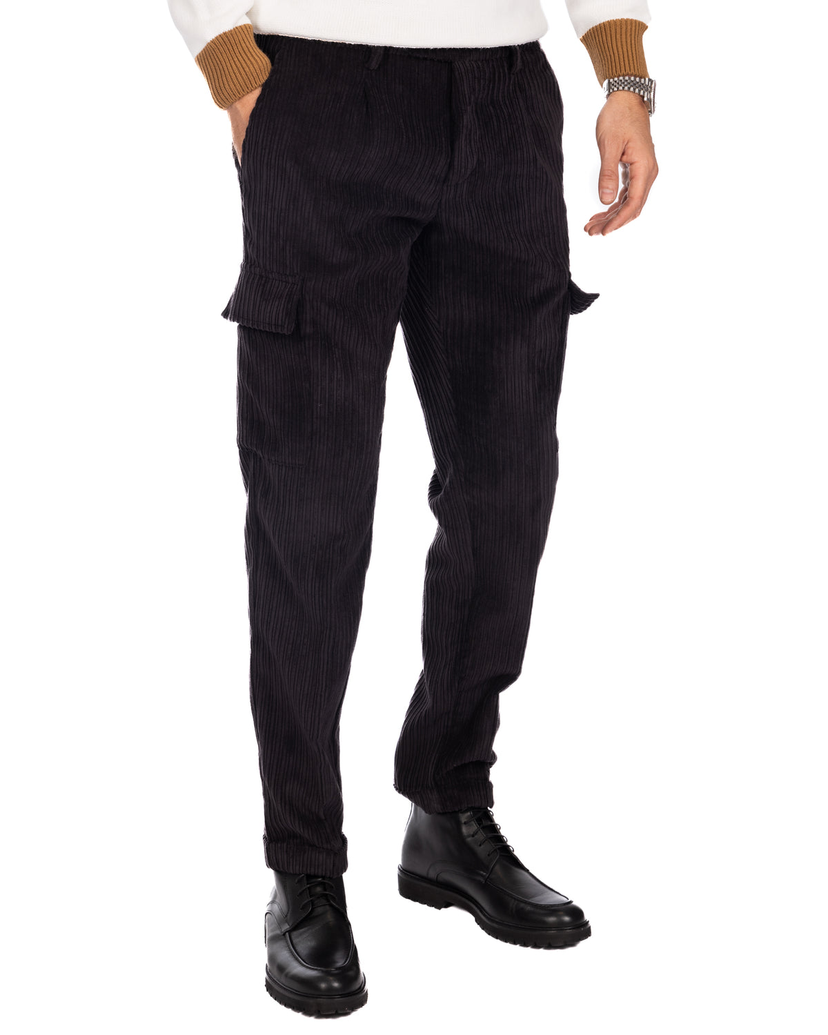 Black corduroy cargo pants for men, featuring side pockets and relaxed fit.
