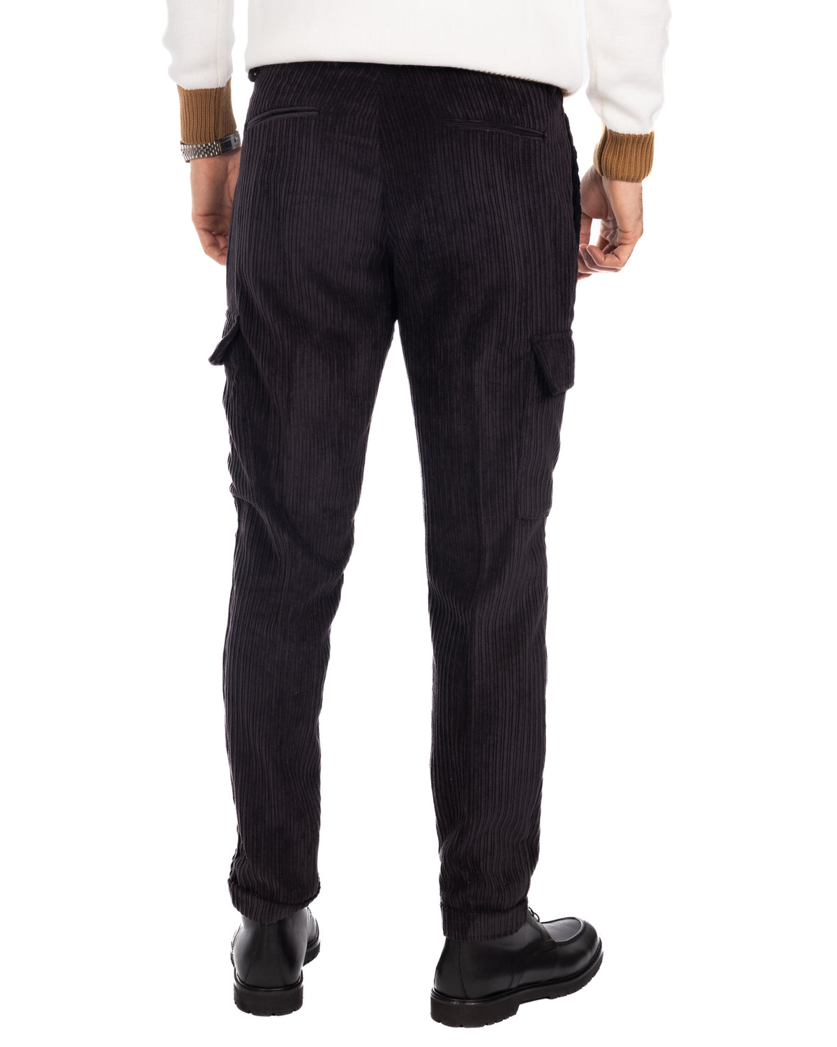 Black corduroy cargo pants for men, slim fit with back pockets, ribbed texture, casual winter trousers